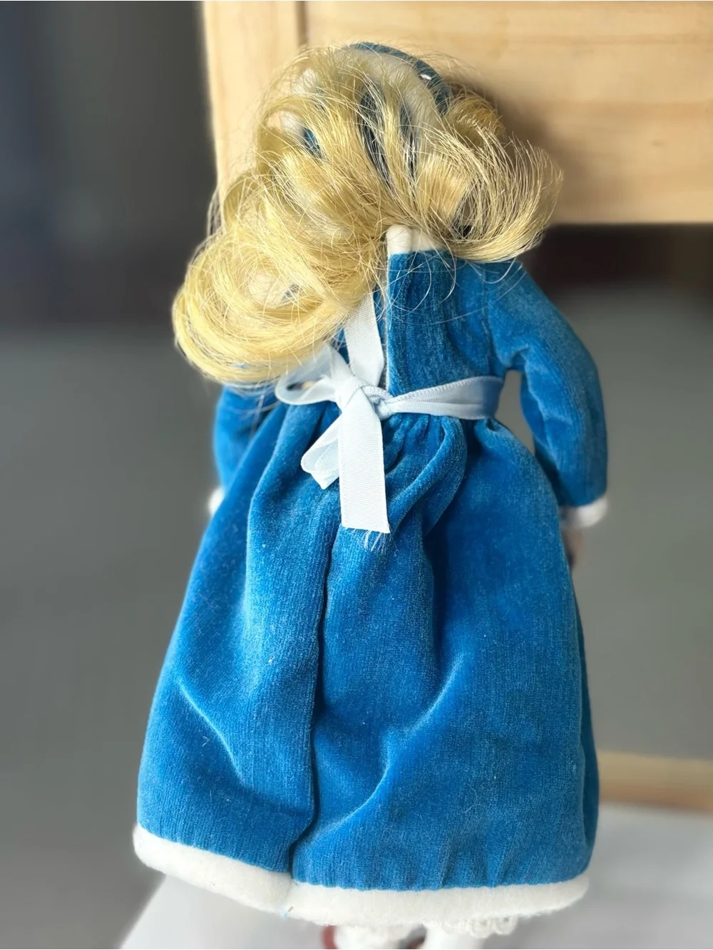 Porcelain Doll in Blue Velvet Dress with White Trim